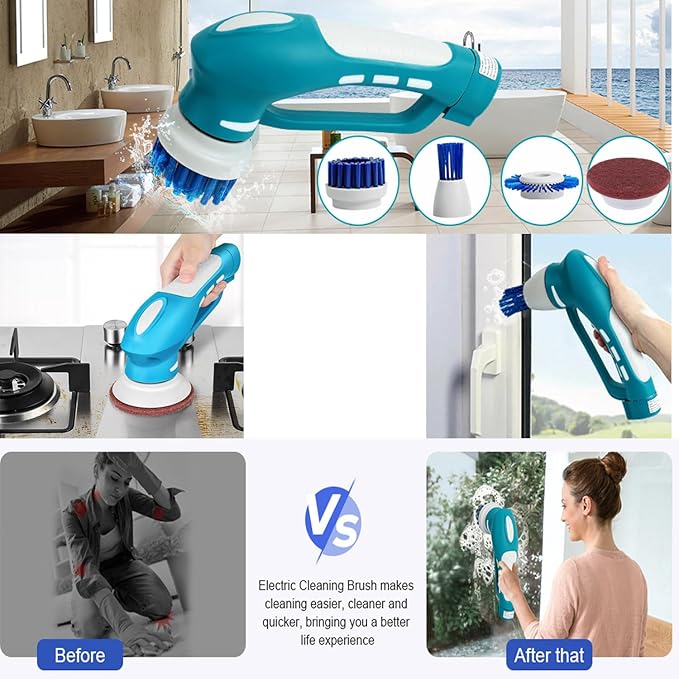 Cordless Power Scrubber for Cleaning Bathroom & Kitchen - Electric Handheld Scrub Brush with 6 Replaceable Heads, 360° Portable Washing Machine for Shower, Floor, Car, Sink, Wall, Window and Stove Top