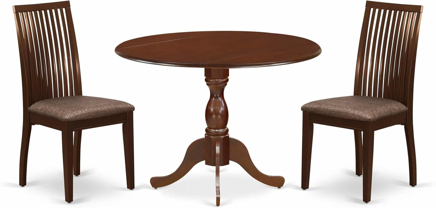 East West Furniture DMIP3-MAH-C 3 Piece Dining Set Contains a Round Dining Room Table with Dropleaf and 2 Linen Fabric Upholstered Chairs, 42x42 Inch, Mahogany