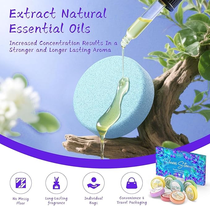 Shower Steamers Aromatherapy 8 Pack - Gifts for Women, Shower Bombs with Essential Oils, Self Care and Stress Relief Stocking Stuffers, Relaxation Birthday Gifts for Women and Men. Azure Floral Style