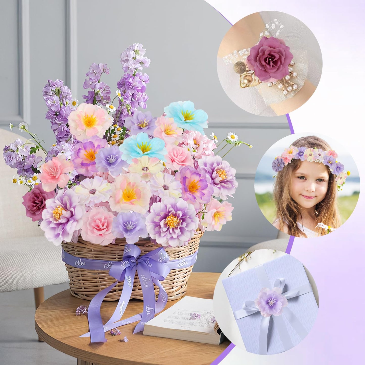 ATTGREAT 210 Pcs Mini Silk Flower Heads Small Fake Rose Daisy Faux Flowers Bulk for Crafts Artificial Loose Fabric Flowers Heads Sunflower Bulk for Wedding Hair Cap Dresses Decorations (Purple)