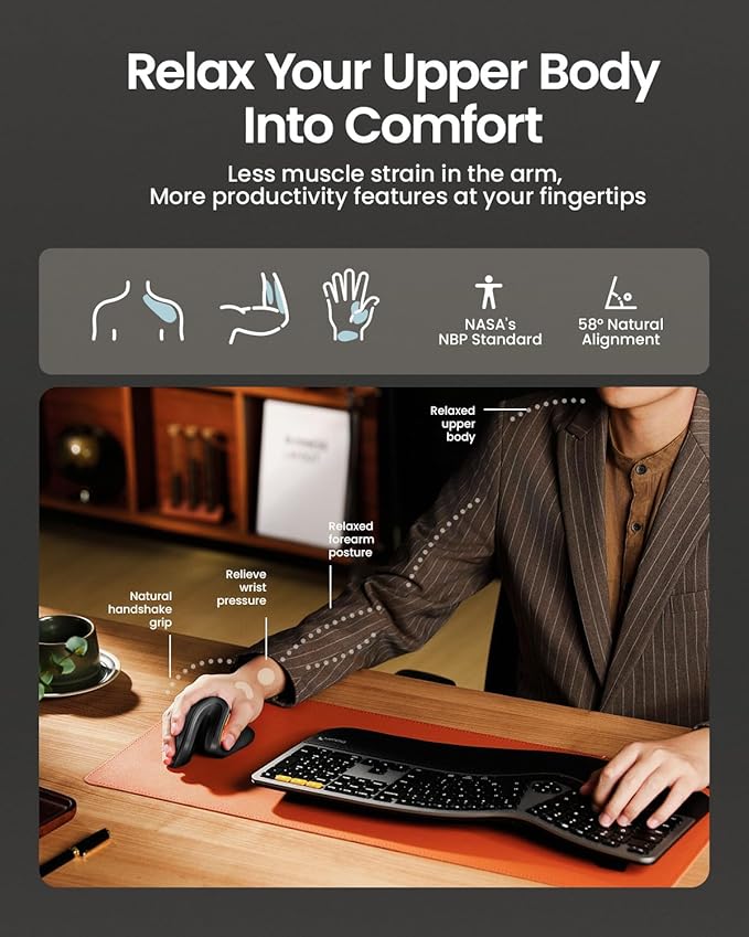 ProtoArc Ergonomic Mouse, EM11 NL Bluetooth Rechargeable Wireless Vertical Mouse, 3 Multi-Device Connectivity for Computer/PC/Laptop, 2.4GHz USB-A Optical Mice for Windows, Mac OS, Black