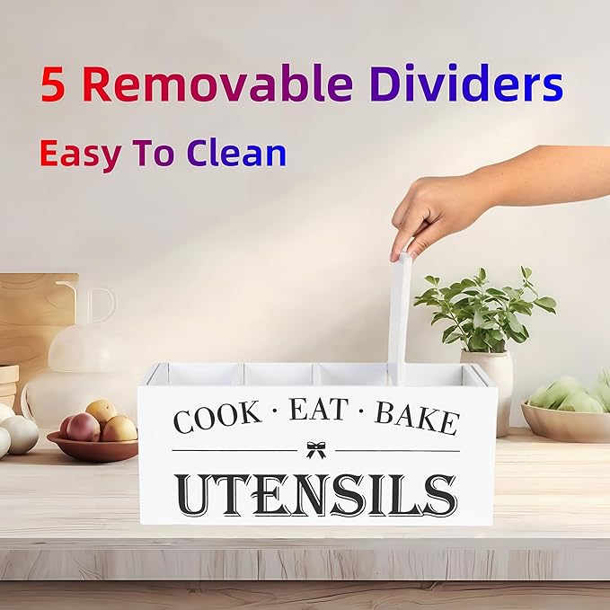 Utensil Holder,Extra Large Wooden Utensil Holder For Kitchen Counter,Cooking Spatula Organizer,Big Storage Caddy With 4 Compartments Flatware Spoon Tool Cutlery（White）