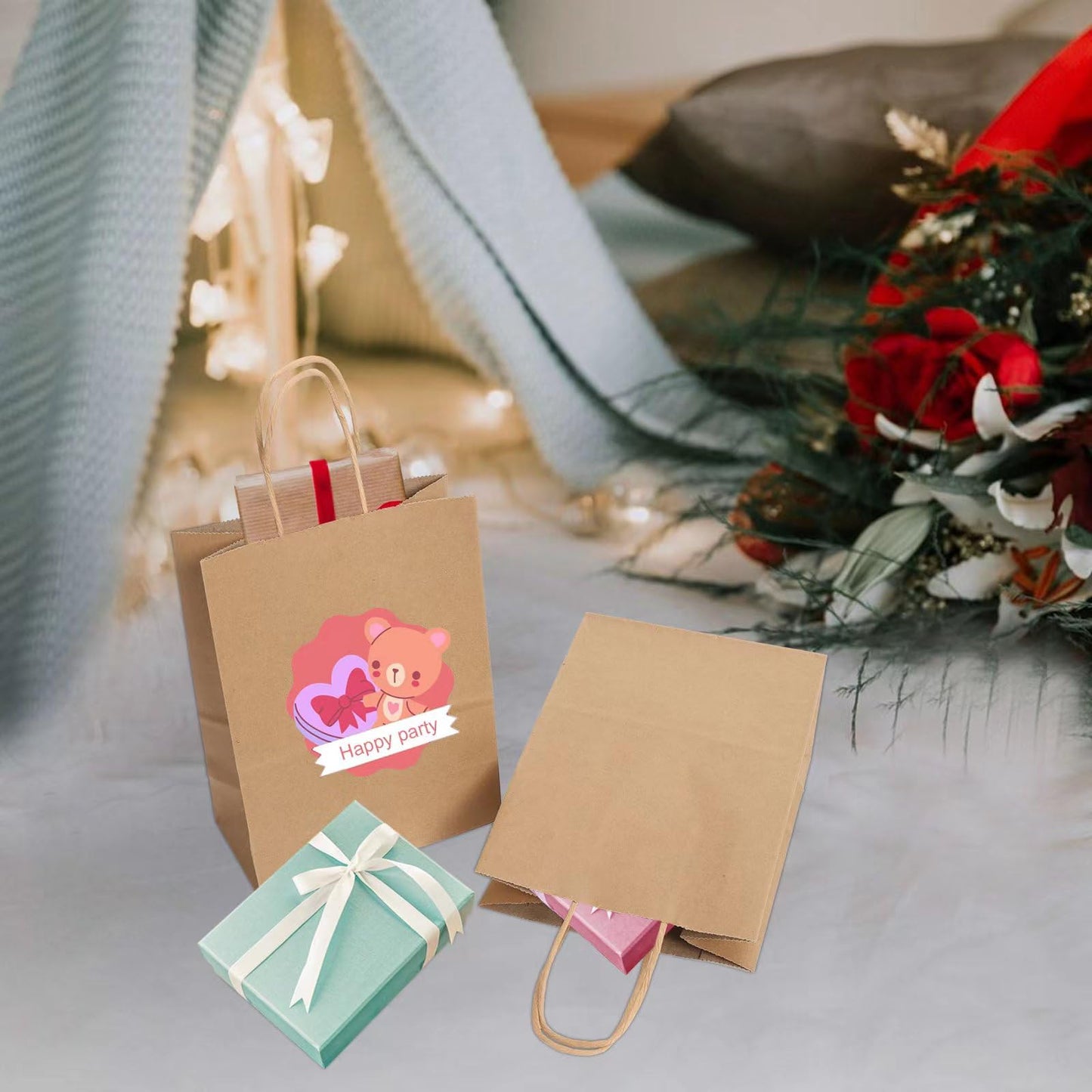 Joybe 300 Pack 5.95x3.25x8 Inch Small Brown Paper Bags with Handles Bulk, Kraft Paper Gift Bags for Birthday Party Favors Grocery Retail Shopping Business Goody Craft Sacks (Plain Natural, 300pcs)