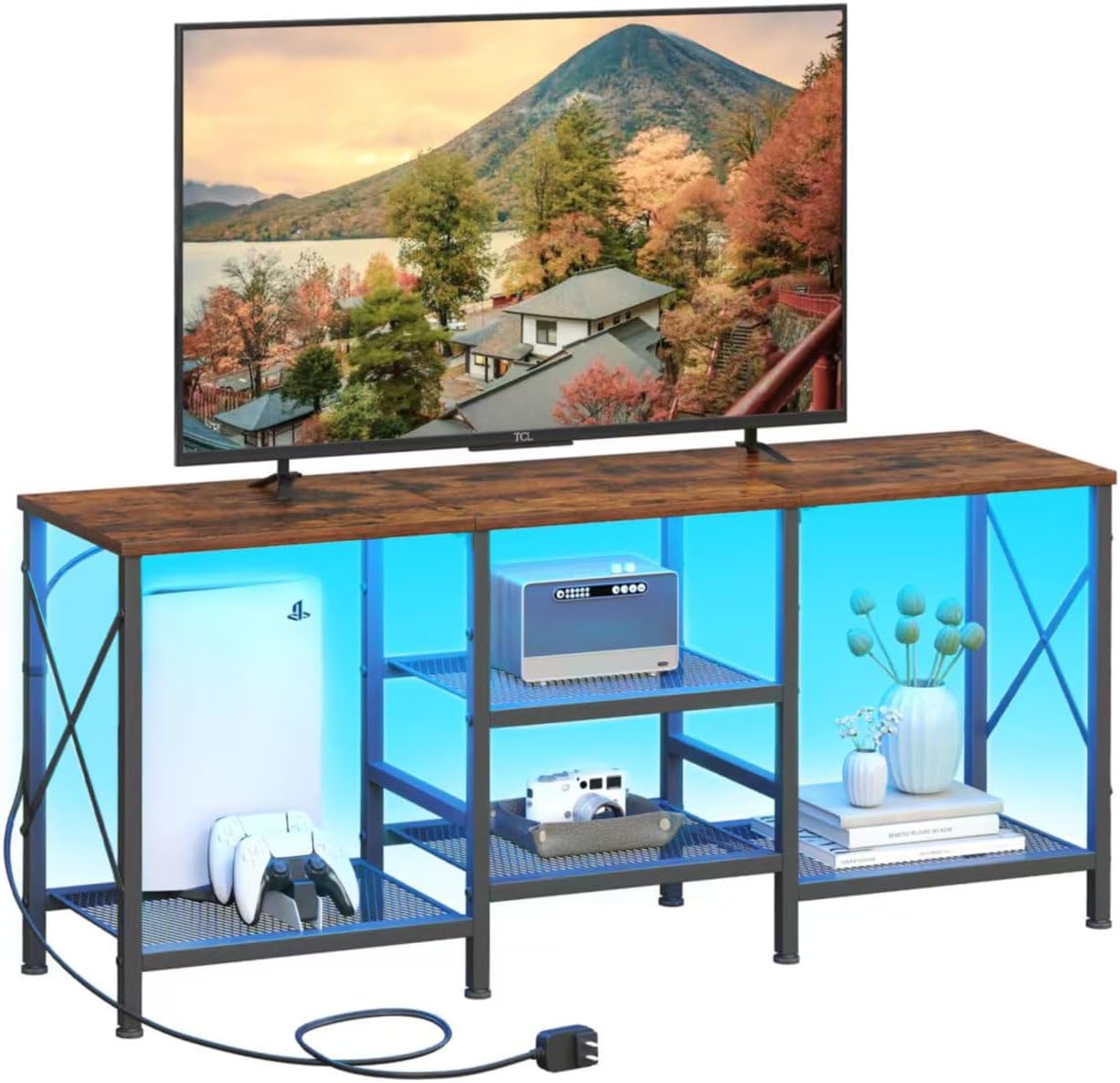 TV Stand with LED Lights for 55 Inch TV, Entertainment Center with 3-Tier Open Shelves, TV Console Table for Living Room, Bedroom, Rustic Brown