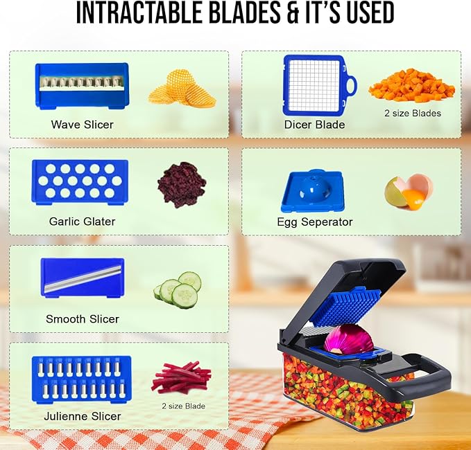 Vegetable Chopper, 16 in 1 Professional Mandoline Slicer for Kitchen, Multifunctional Food Chopper Cutter for Onion, Potato, Tomato, Veggie with 8 blades and With Container