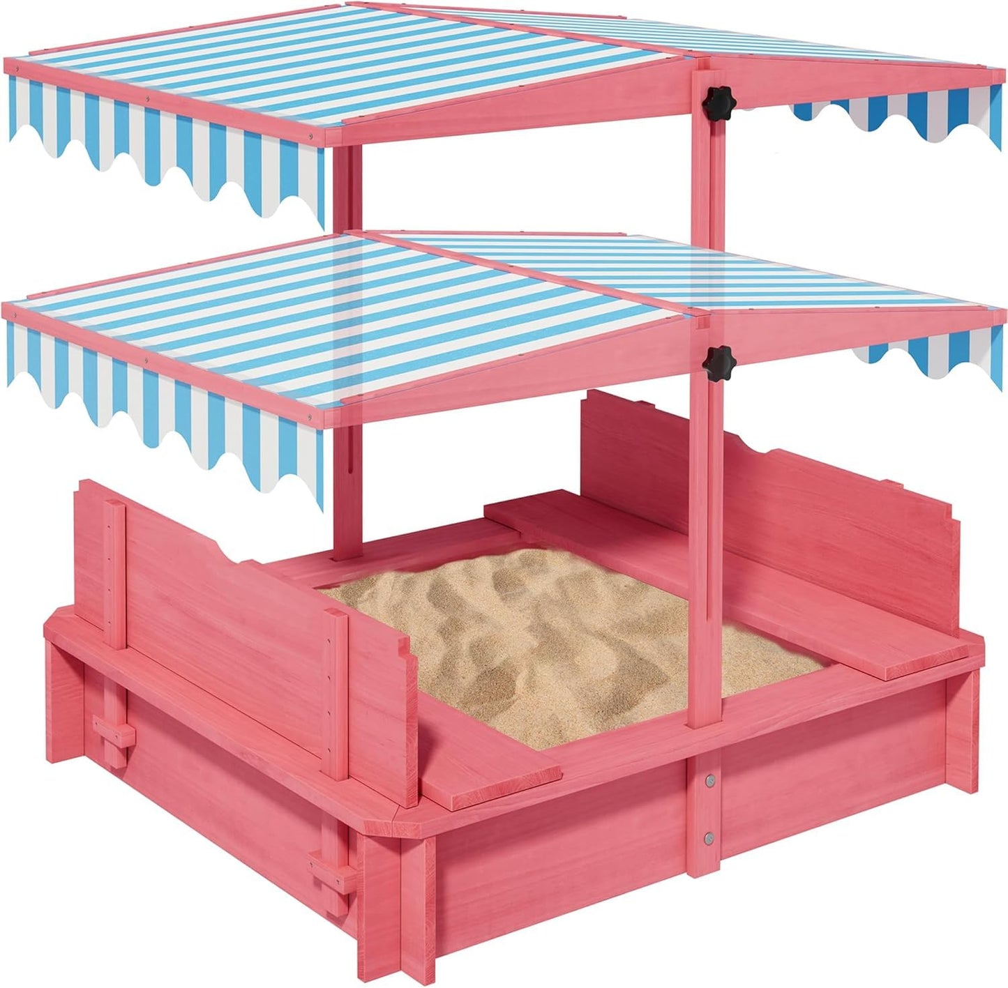 Wooden Kids Sandbox with Height-Adjustable UV-Resistant Canopy - 43x43 Inch Outdoor Play Sand Box with Lid, 2 Foldable Bench Seats & Bottom Liner, Ideal for Backyard, Garden, Beach