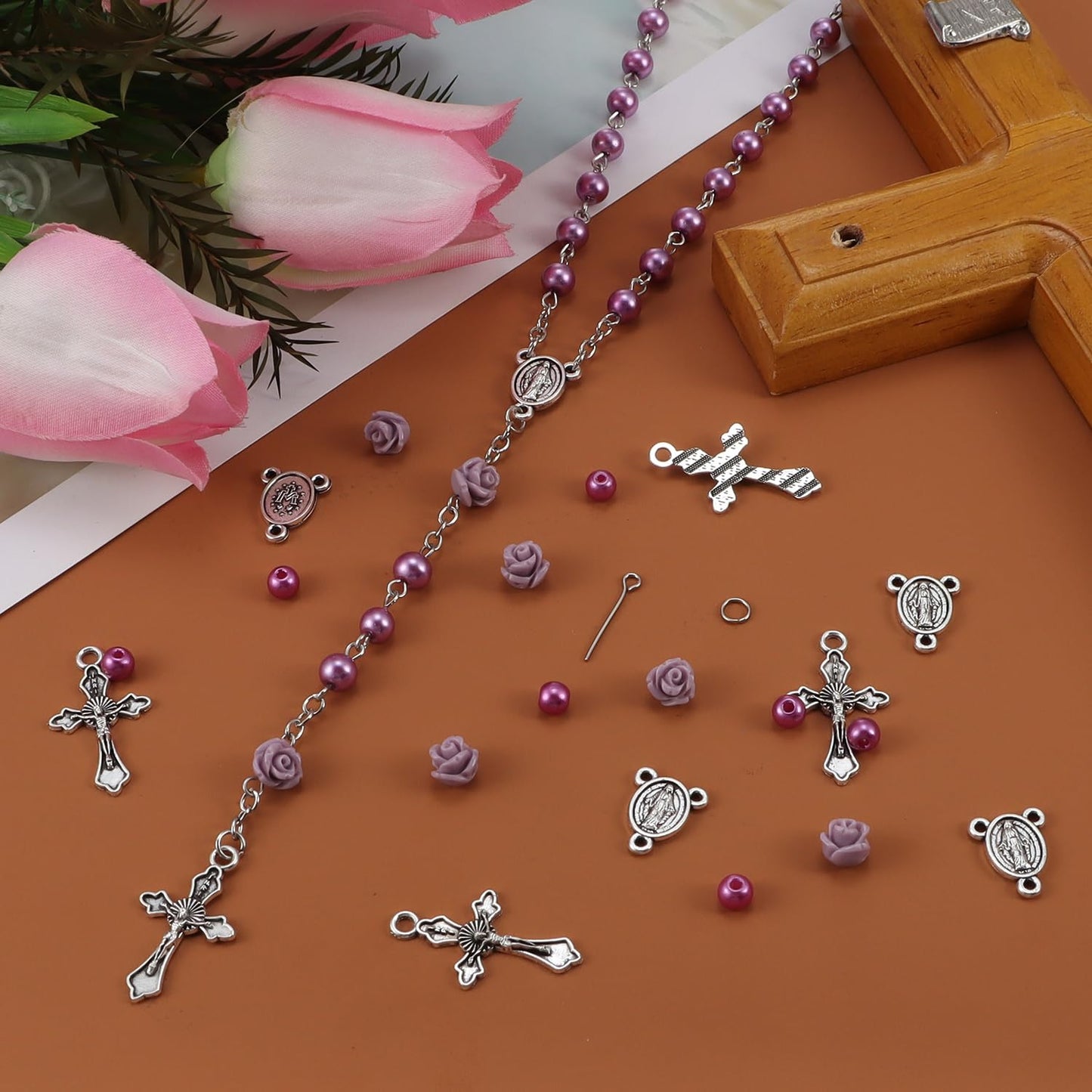 OEMOO 1410PCS Rosary Jewelry Making Kit Rosary Prayer Making Supplies Carved Rose Beads Cross Centerpiece Crucifix Medal, Silver Jesus Maria Pendant for Rosary Bracelet Necklace Jewelry (Purple)