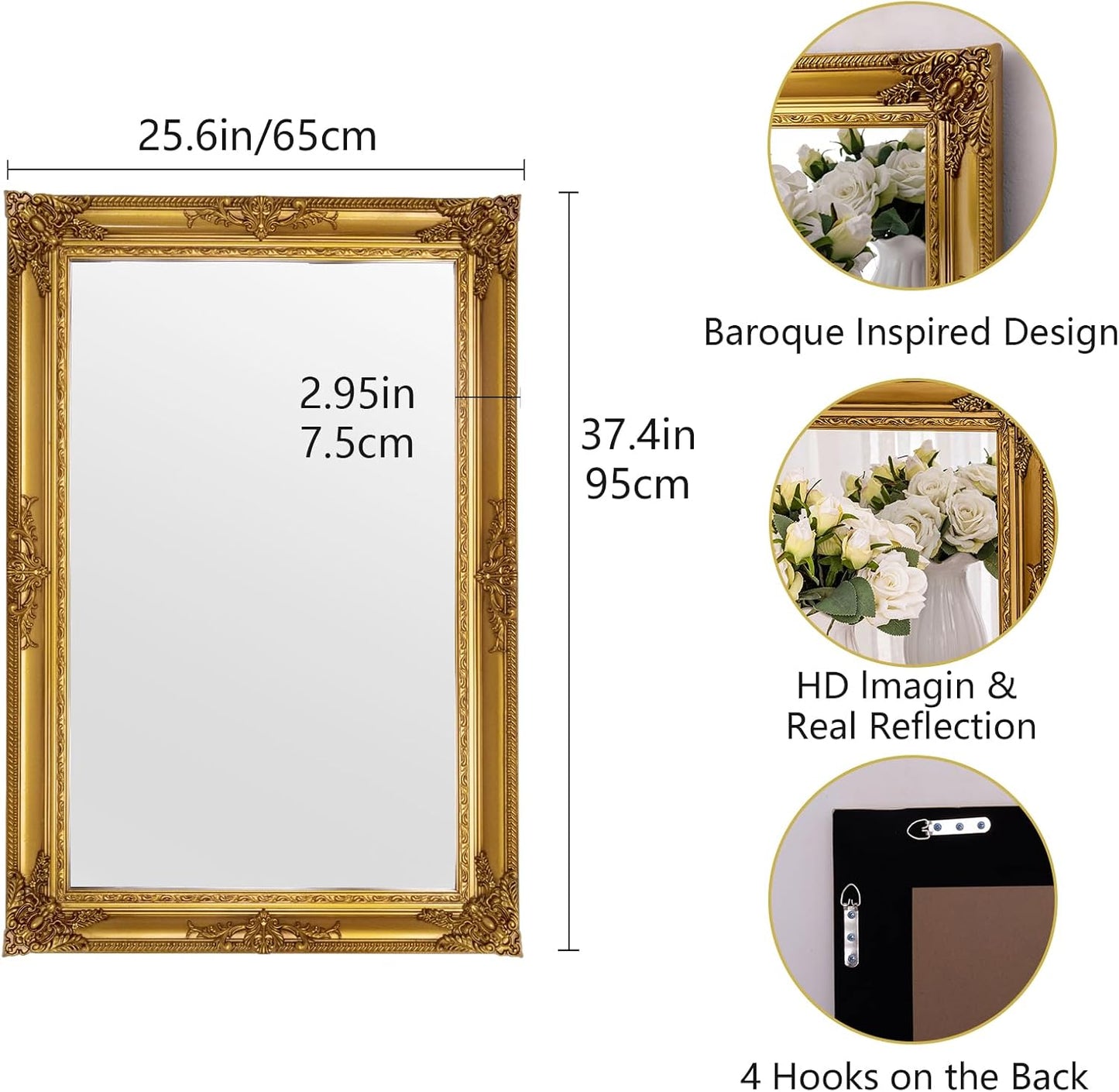 Gold Vintage Mirror, 37.4" x 25.6" Traditional Antique Gold Wall Mirrors with Ornate Baroque Wood Frame, Living Room Decorative Mirrors for Wall Decor