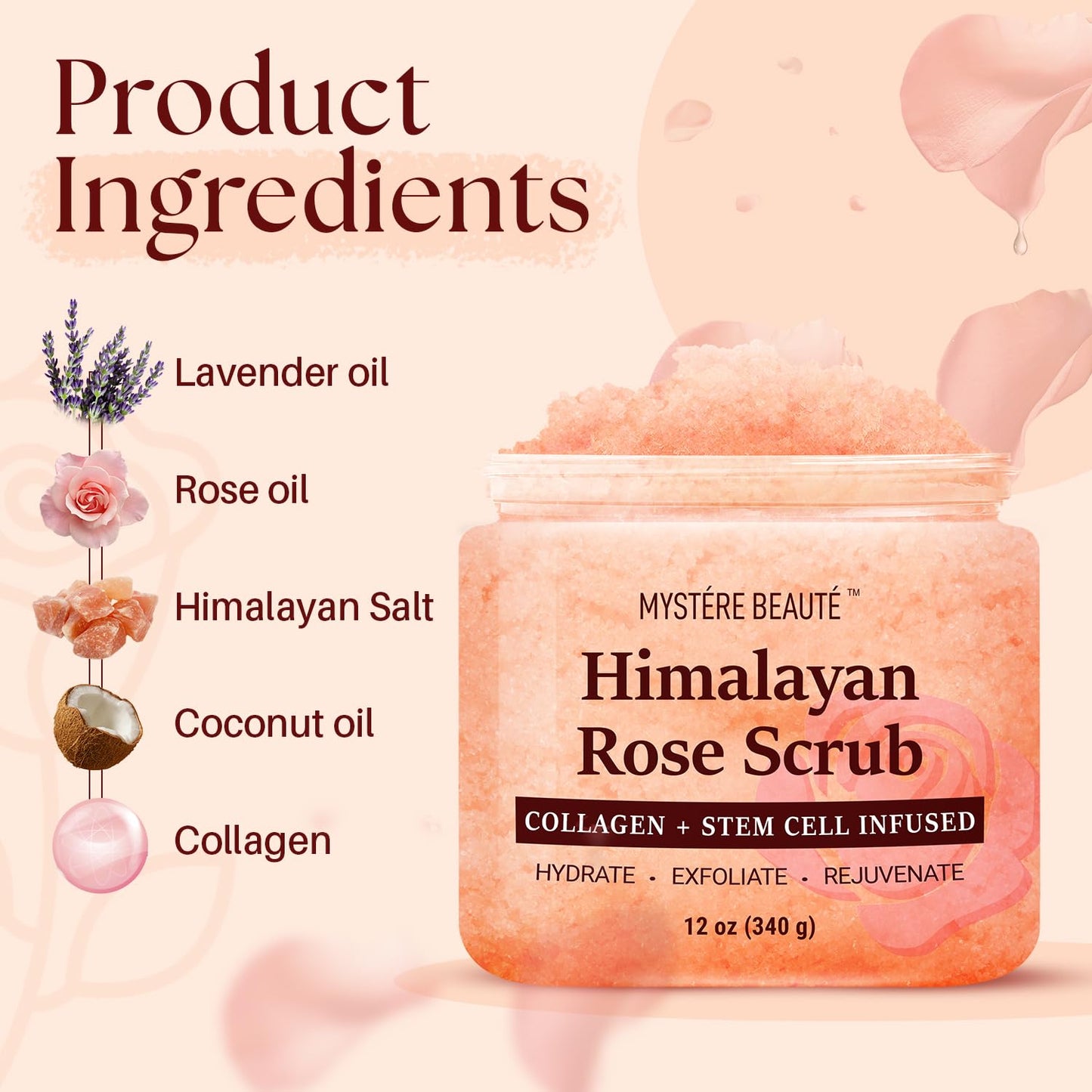 MYSTÉRE BEAUTÉ Himalayan Salt Body Scrub with Collagen & Rose Oil (12 oz) - Exfoliating Scrub for Cellulite, Acne, Scars & Stretch Marks - Deep Cleansing & Moisturizing - Natural Skin Care Gift