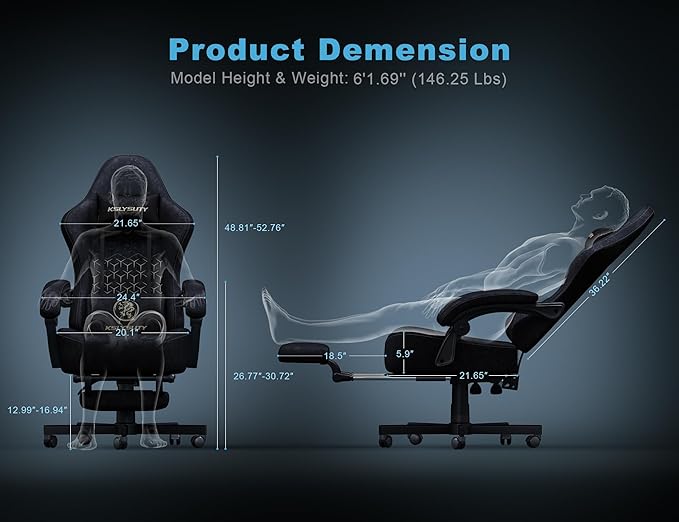 Gaming Chair Breathable Leather with Pocket Spring Cushion,Wide and High Ergonomic Office Chair with Headrest,Computer Gaming Chair with Footrest for Adult and Teen,Black