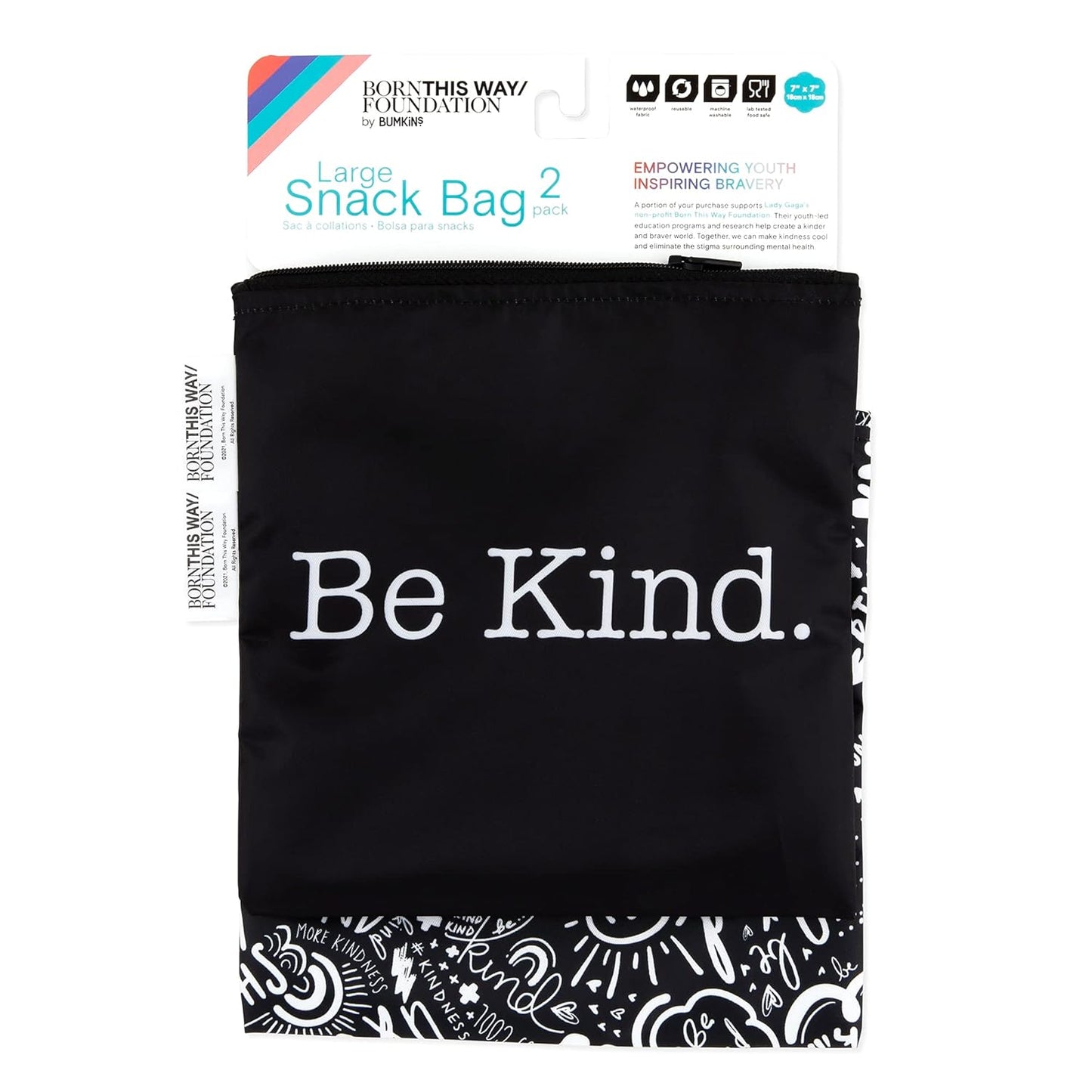 Bumkins Reusable Sandwich and Snack Bags, for Kids School Lunch and for Adults Portion, Washable Fabric, Waterproof Cloth Zip Bag, Travel Pouch, Food-Safe Storage, Large 2-pk Born This Way Be Kind