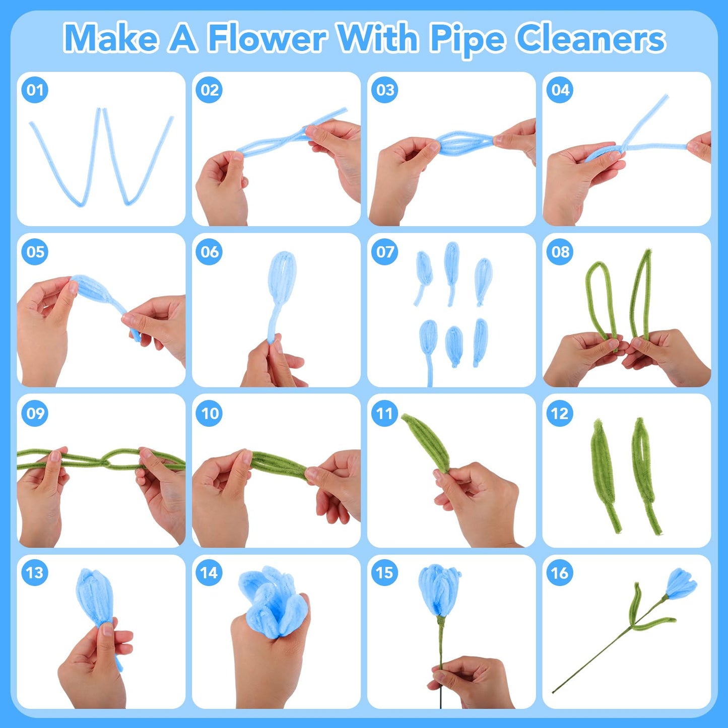 WSICSE 500Pcs Blue Pipe Cleaner Flower Kit, Pipe Cleaners Bulk Chenille Stems with Floral Wires, Gardening Tape,Stamen& Ribbon, Wrapping Paper (5 Colors)