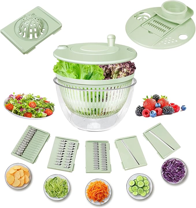 Salad Spinner Large-5.3 Qt Vegetables Fruits Wash Spinner Bowl,Lettuce Spinner Dryer with 5 Blades,Egg Yolk Strainer Slicer Shredder for Kitchen Colander,Pasta and Fries Spinner-Green