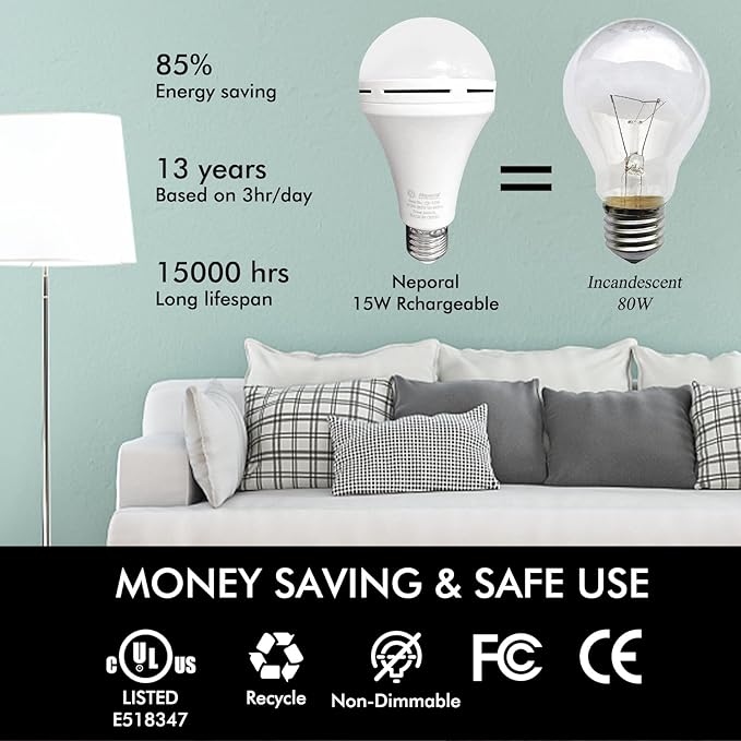 Rechargeable Light Bulbs, Back Up Battery Light Bulbs, 15W 80W Equivalent 6000K 1200mAh Battery Operated Light Bulb for Power Outage Hurricane, Emergency Lights for Home Power Failure, Pack of 4