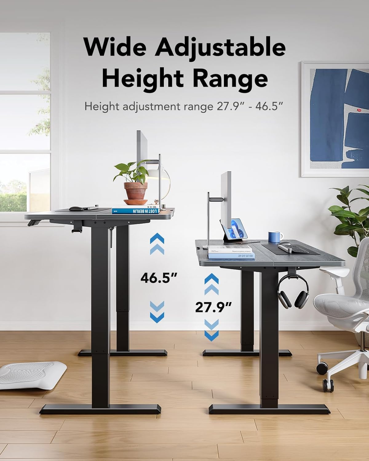 HUANUO 55" x 28" Electric Standing Desk Adjustable Height, 4 Memory Height Settings, Headphone Hook, Cable Manager, Sit Stand Up Desk for Home Office & Computer Workstation, Grey