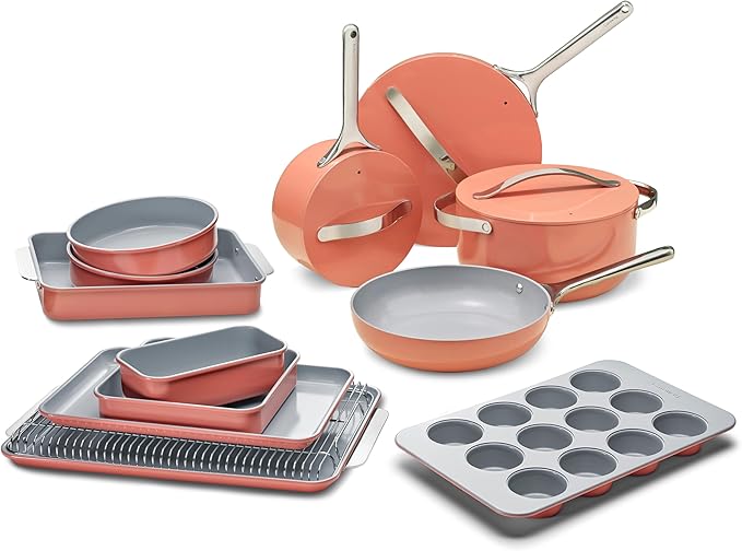 Caraway 23-Piece Nonstick Ceramic Cookware & Bakeware Set – Pots, Frying Pans, Lids, Baking Sheets, Pans, Cooling Rack & Storage – Oven Safe, Non-Toxic – Compatible with All Stovetops - Perracotta