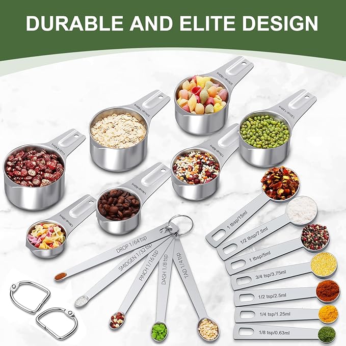 Measuring Cups and Spoons Set, 7 Stainless Steel Nesting Measuring Cups & 7 Spoons, 5 Mini Measuring Spoons & 2 Detachable Rings, Kitchen Gadgets for Cooking & Baking, Set of 21