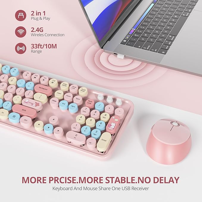 Wireless Keyboard and Mouse Set, Retro Typewriter, 2.4GHz Full Size 104-Key Cute Keyboard with Number Pad, Colorful Keyboard with Round Keycaps for Windows PC Laptop(Strawberry)
