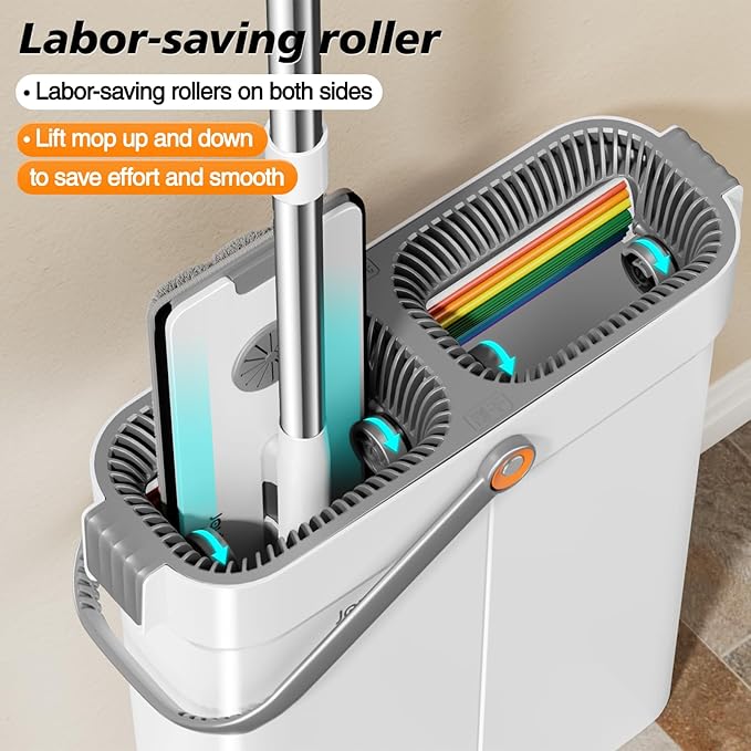 CTIME 15.74“Mop and Bucket Set with Wringer for Home : Hands-Free Flat Floor Mop Bucket Wet Dry Use Floor Cleaning System for All Floor