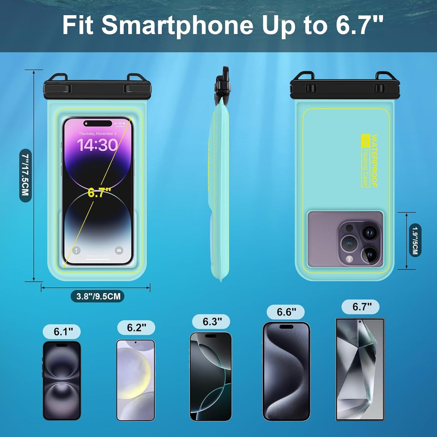 Floating Waterproof Phone Pouch, Water Proof Cell Phone Dry Bag with Adjustable Lanyard, IP68 Waterproof Phone Case for iPhone 16 Pro 15 14 13 Pro Max Samsung Galaxy Google, Up to 6.7'' Green