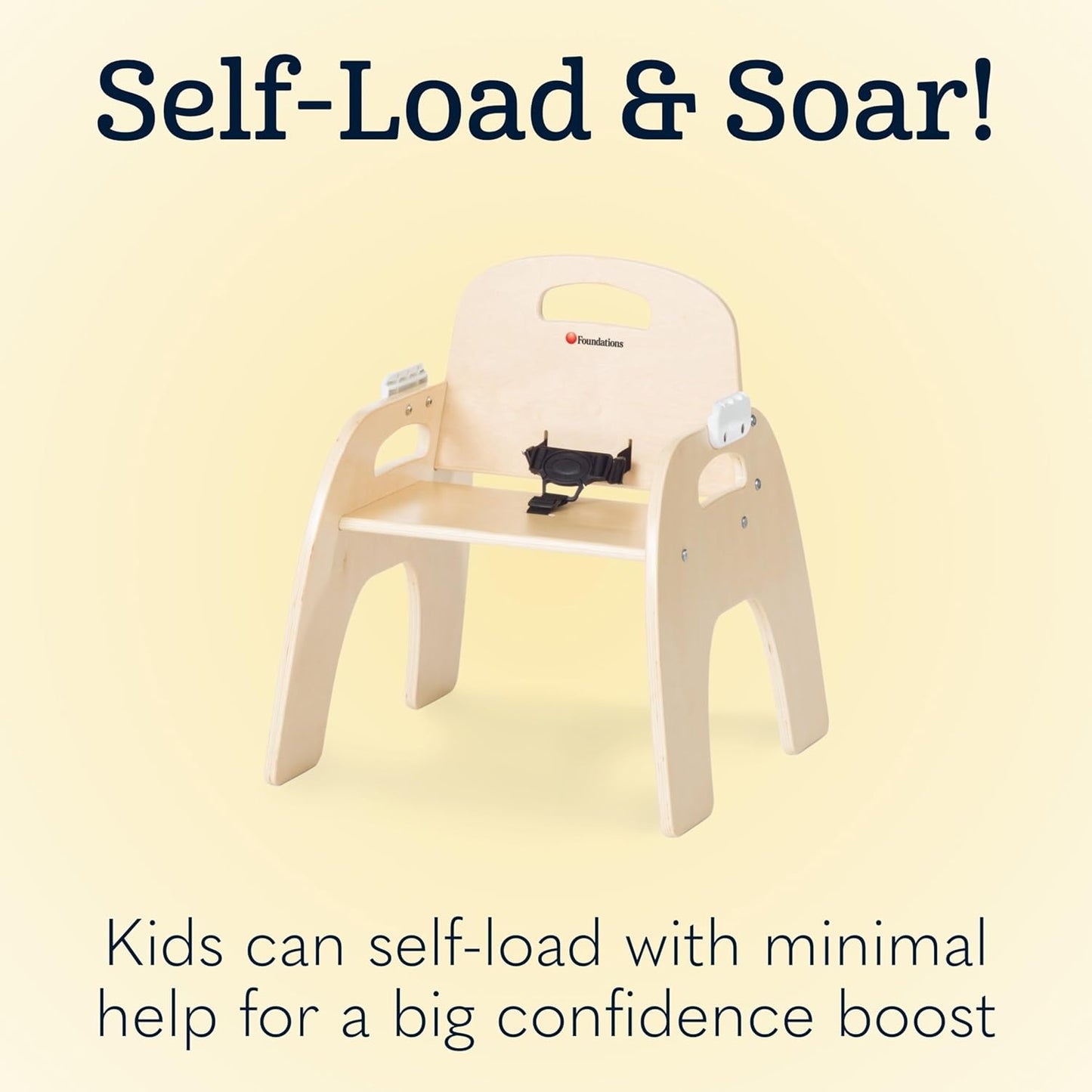 Foundations Easy Serve 9" Wood Feeding Chair for Toddlers, Adjustable Harness, Removable Dishwasher Safe Tray, “No Tip” Base, Baltic Birch Plywood