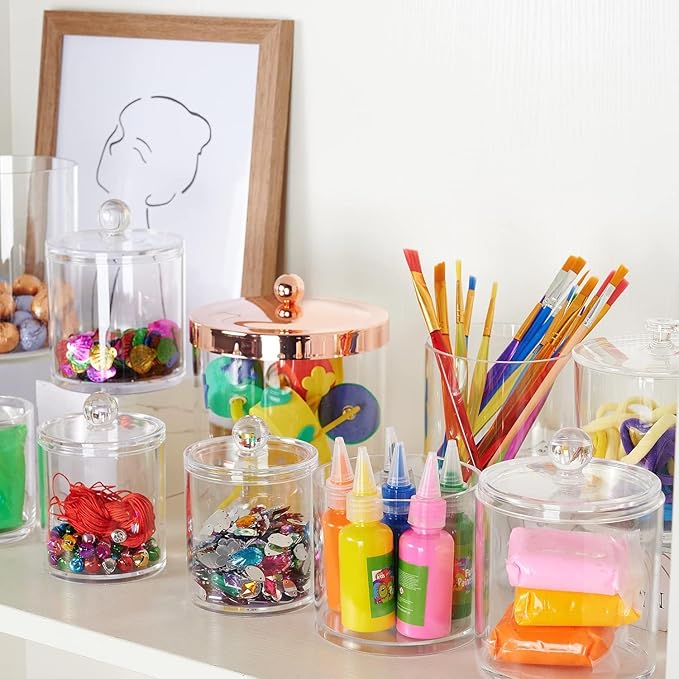 SheeChung 8 Pack Qtip Dispenser Apothecary Jars Bathroom Set with Labels Clear Plastic Qtip Holder Storage Set for Cotton Ball/Swab/Rounds,Floss Picks, Hair Clips，Hair Ties(Clear)