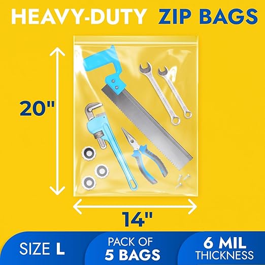 14" x 20" Large Zip Seal Lock Bags, 6 Mil (Pack of 5) – Heavy-Duty Reclosable Plastic Bags – Clear, Resealable, Waterproof – For Storing and Organizing Clothes, Jewelry, and Travel Items