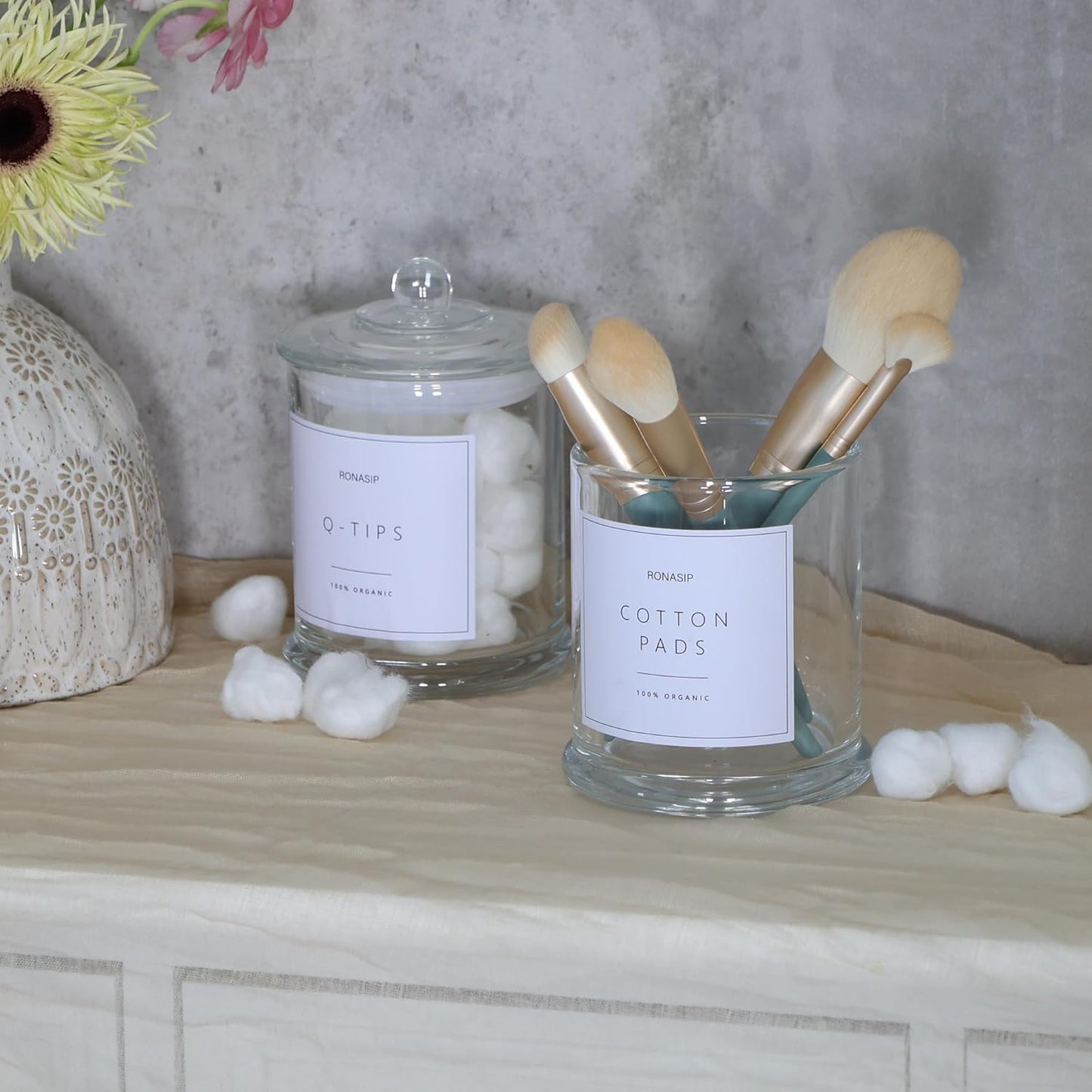 Qtip Holder & Cotton Pad Dispenser, Bathroom Organizer and Storage Canisters, 16oz Glass Apothecary Jars for Kitchen, Restroom - Home Decor, Room Decor Aesthetic (2 Pack, Transparent)