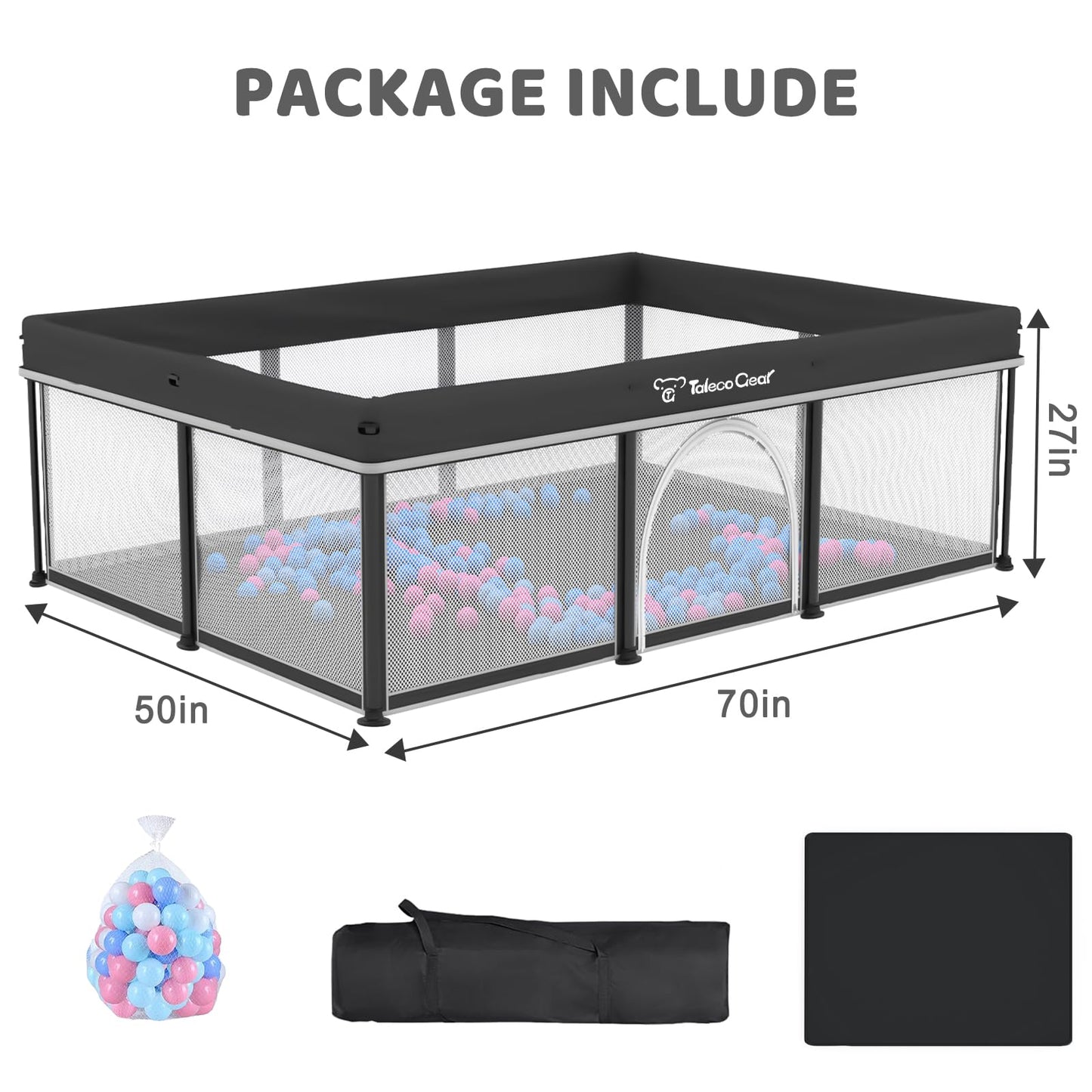 Taleco Gear Foldable Baby Play Pen with Mat, 50''x71'' Playpen for Babies and Toddlers, Playpen for Baby with Gate, Breathable,Foldable Travel Play Pen with 50 Ocean Balls