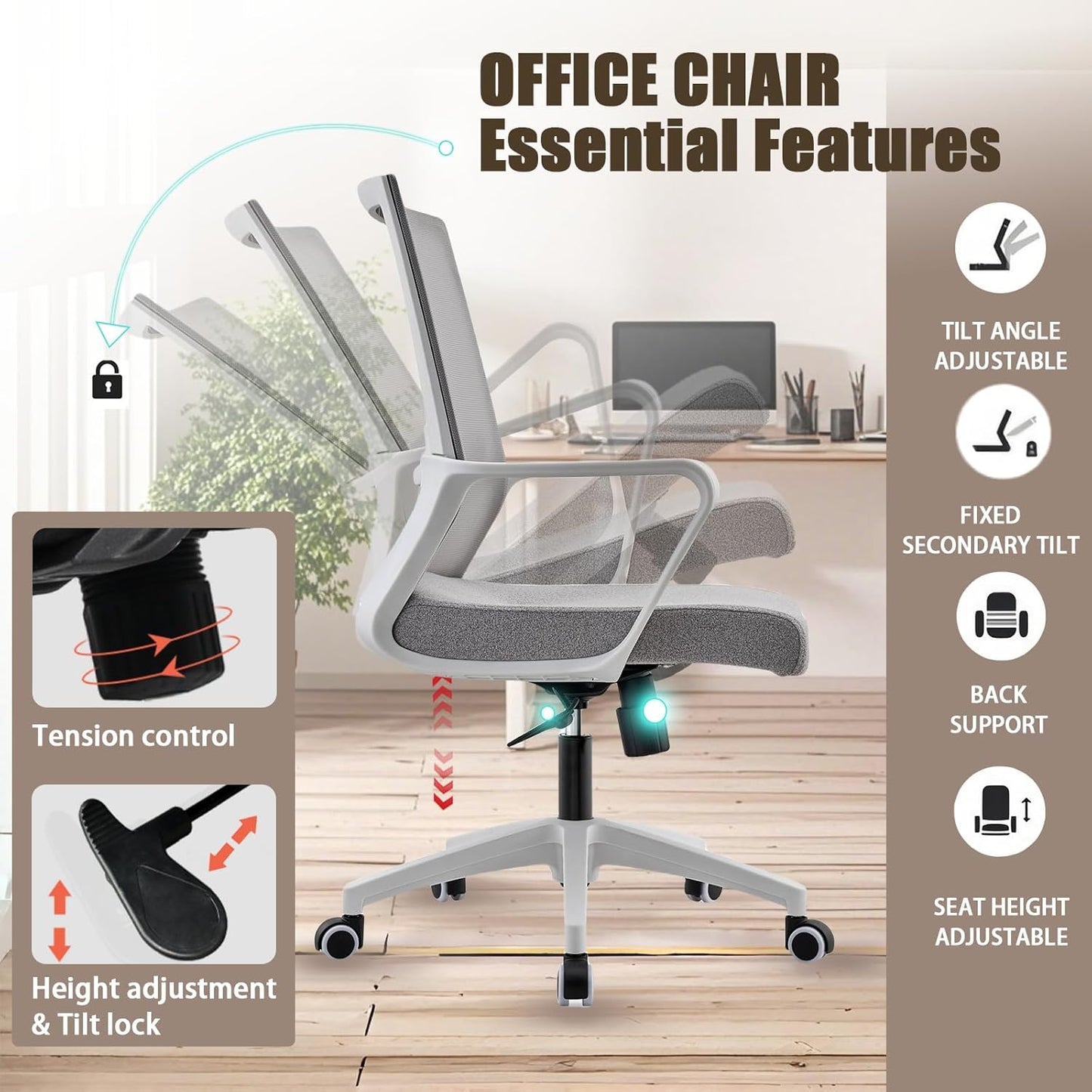 Office Chair ergonomically Designed with Breathable mesh backrest and Lumbar Support Adjustable Height Suitable for Offices Homes bedrooms Study Rooms Grey