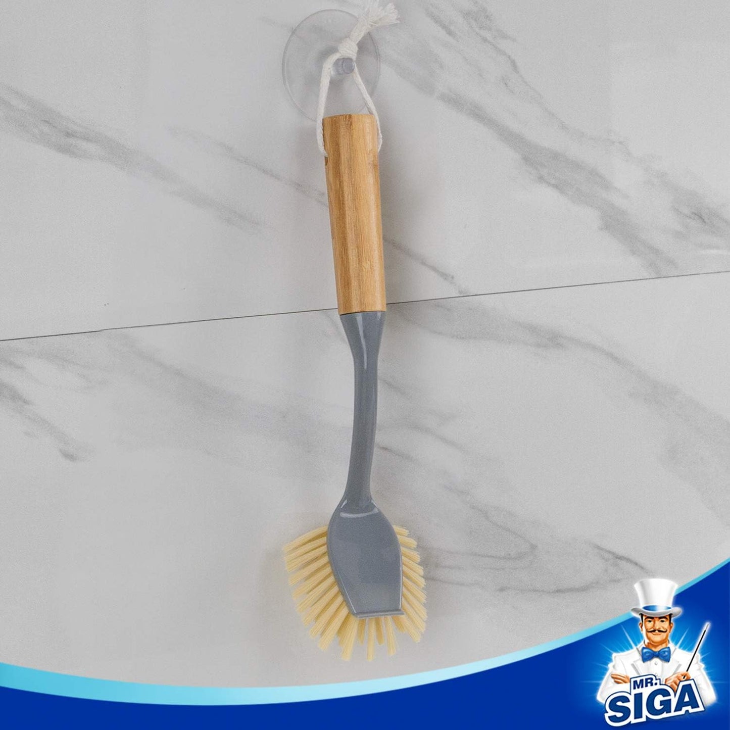 MR.SIGA Dish Brush with Long Bamboo Handle Built-in Scraper, Scrub Brush for Pans, Pots, Kitchen Sink Cleaning, Pack of 2