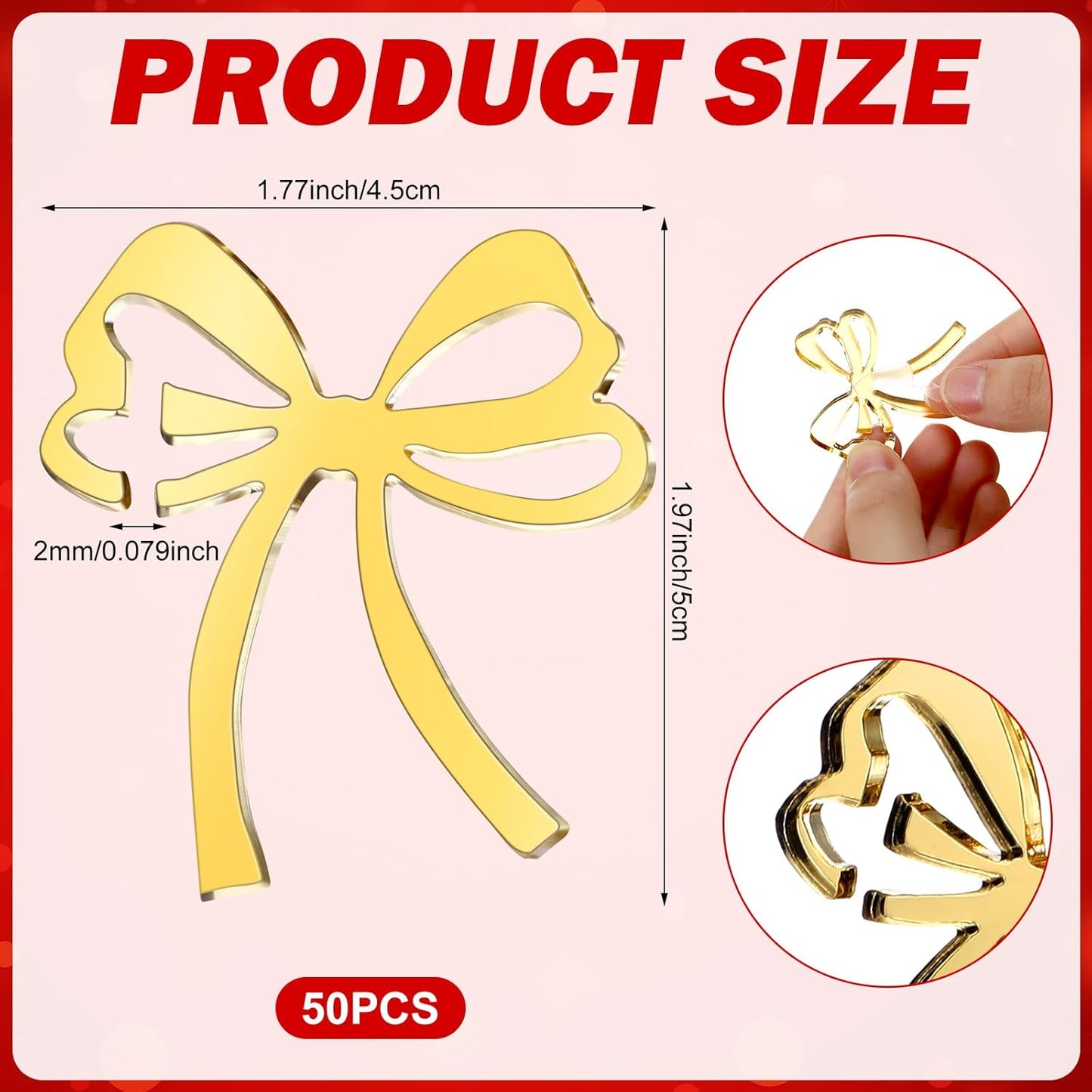 50 Pcs Bow Drink Tags Mirror Bow Markers Christmas Bowknot Decorations Themed Party Favors Coquette Acrylic Cocktail Tag for Bachelorette Birthday Wedding Party Decor Accessory