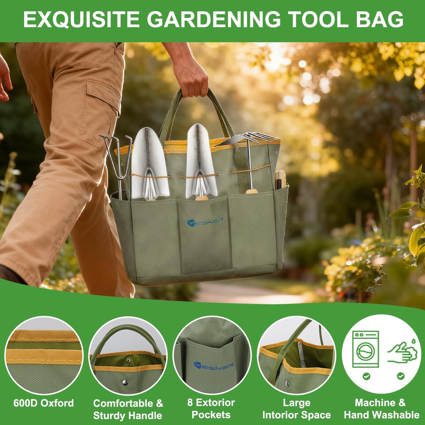 Yesker Gardening Tools 9-Piece Heavy Duty Garden Tool Set Gardening Supplies Gifts for Women Men Gardening Hand Tool Kit w Non-Slip Ergonomic Rubber Handle, Durable Garden Bag, Pruning Shears, Green