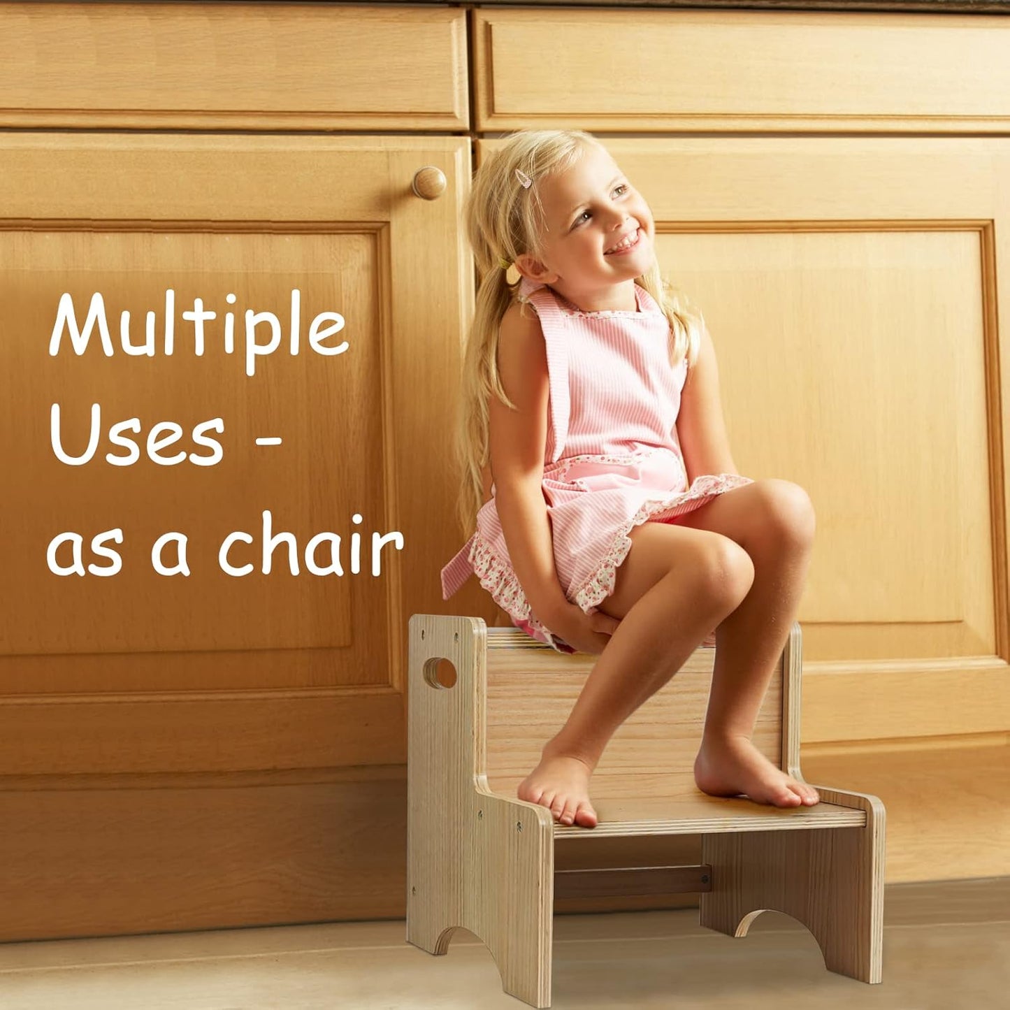WOOD CITY Toddler Step Stool for Kids, Wooden Two Step Children's Stool with Handles, Bonus Non-Slip Pads for Safety, Bathroom Potty Stool & Kitchen Step Stools Dual Height