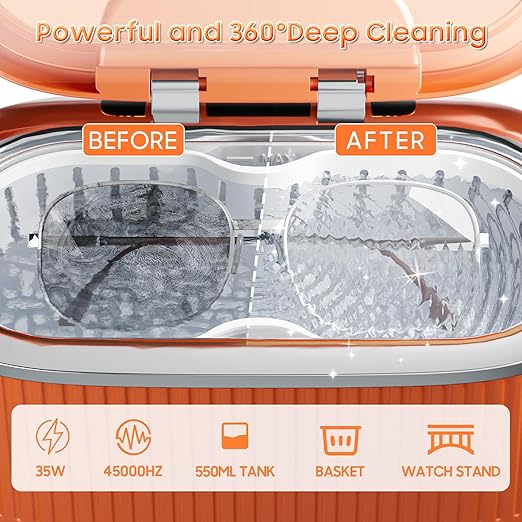 Ultrasonic Jewelry Cleaner Set with Basket/Holder - 45KHz 550ML w/Lights, 3 Powers 5 Timers & Degas Mode, 7oz Ultrasonic Cleaner Solution for Retainer, Rings, Eyeglasses, Dentures, Watches, Coins