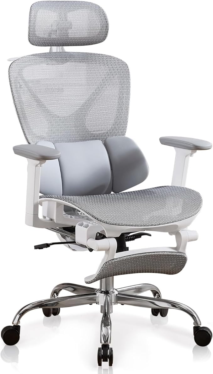 High Back Mesh Office Chair with Footrest, Ergonomic Office Chair w/ 3D Lumbar Support，Comfy Home Office Desk Chair for Work & Computer Gaming, 400 LBS (Gray)