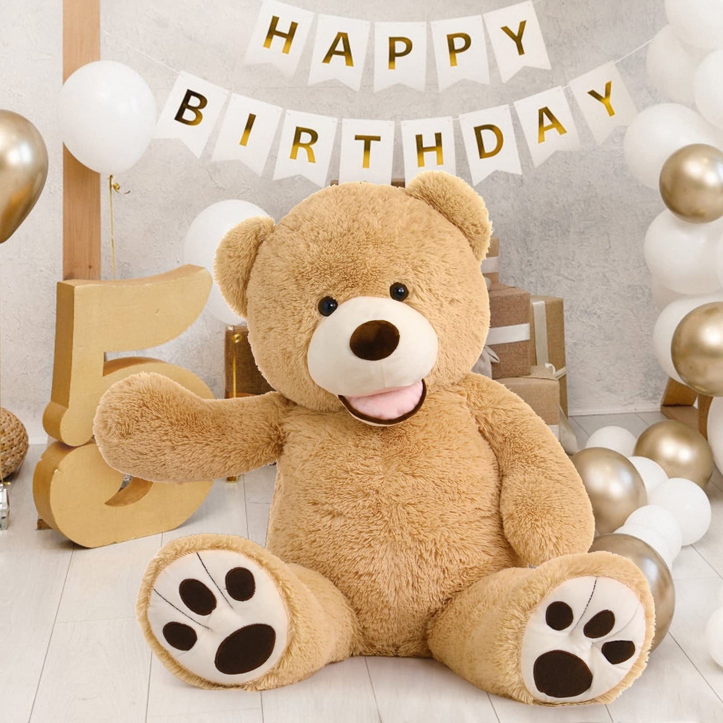 MorisMos Smiling Giant Teddy Bear, 39inch Big Stuffed Animal Bears with Large Footprints Plush, Gift Kids Girlfriend Boyfriend, Light Brown