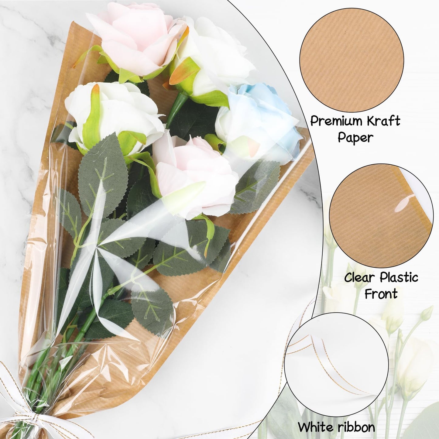 STEFORD 50Pcs Flower Bags for Bouquets Kraft Floral Sleeves Wrapping Paper with Ribbons for Mother's Day, Wedding, Birthday Graduation Florist Wrap Supplies, 9.8x17.9 Inch