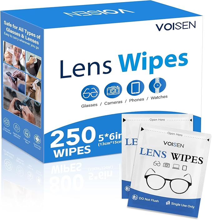 VOISEN Lens Wipes for Eyeglasses,250 Pack Eye Glasses Cleaner Wipes,Pre-Moistened Individually Wrapped Lens Wipes,Non-Scratching Non-Streaking,Safe for Eyeglasses, Goggles, Camera Lens, Phone