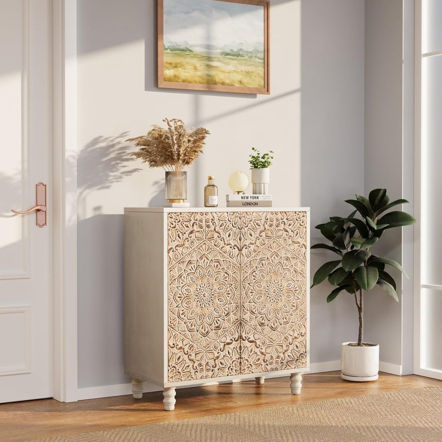 COSIEST 32" W Sideboard Buffet Cabinet with Storage, Accent Cabinet with 2 Push-to-Open Magnetic Doors, Vintage MDF Buffet Table for Living Room, Kitchen, Hallway (Gray,Firework Pattern)