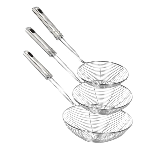 Enhanced Version Stainless Steel Spider Strainer Skimmer Ladle, Set of 3 Sizes Kitchen Strainer Spoon for Cooking and Frying, Pasta Strainer, Food Preparation-32.5cm, 36cm, 38cm