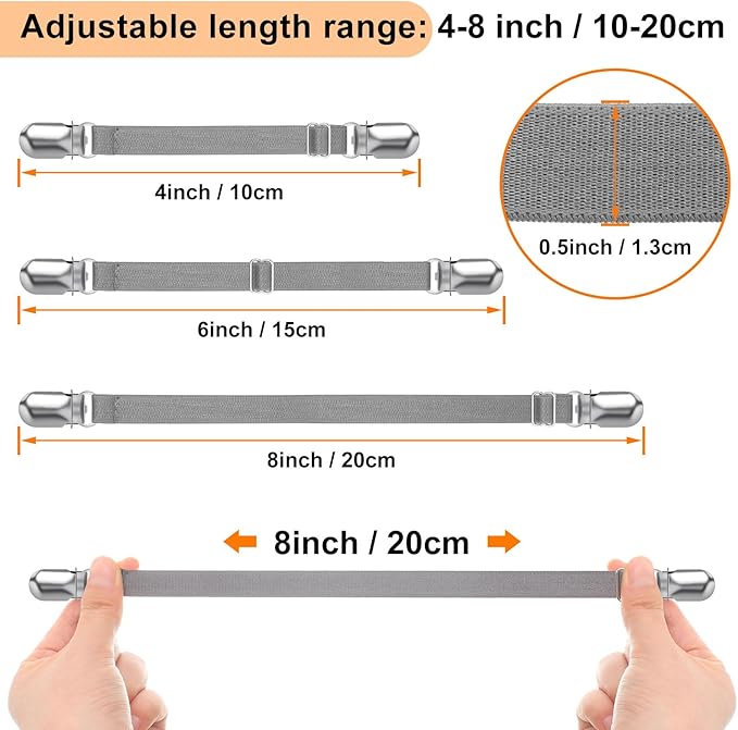 Boao 12 Pcs Bed Sheet Clips Straps Sheet Corner Straps Holder Adjustable Mattress Clips, Elastic Bed Grippers Suspender Fasteners Holder for Home (Grey,4-8 Inch Length)