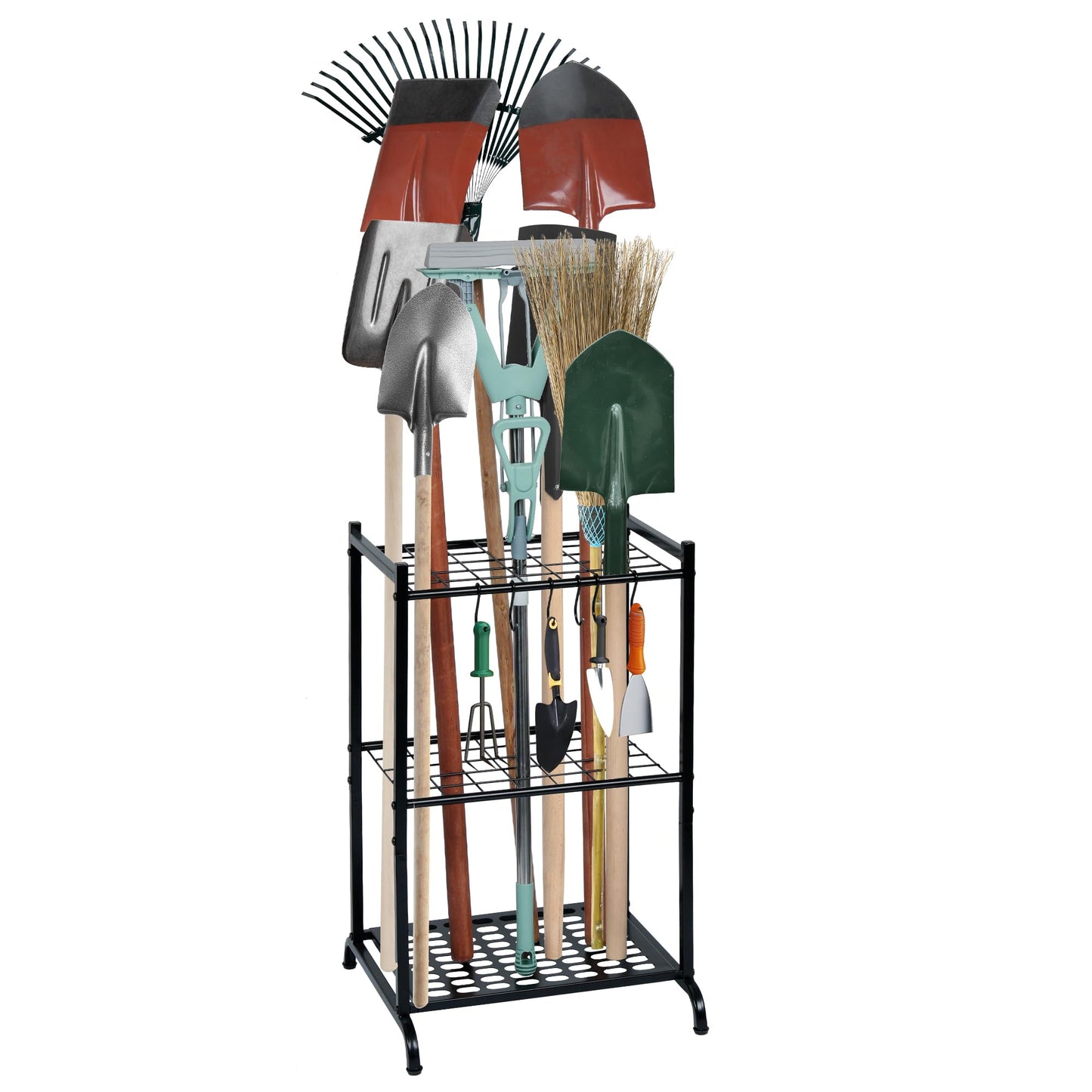 RANXFLOAT Garden Tool Organizer with Storage Hooks, Yard Tool Tower Rack for Garage Organization and Storage, Up to 35 Long-Handled Tools, Metal Tool Holder with 6 Hooks, Black