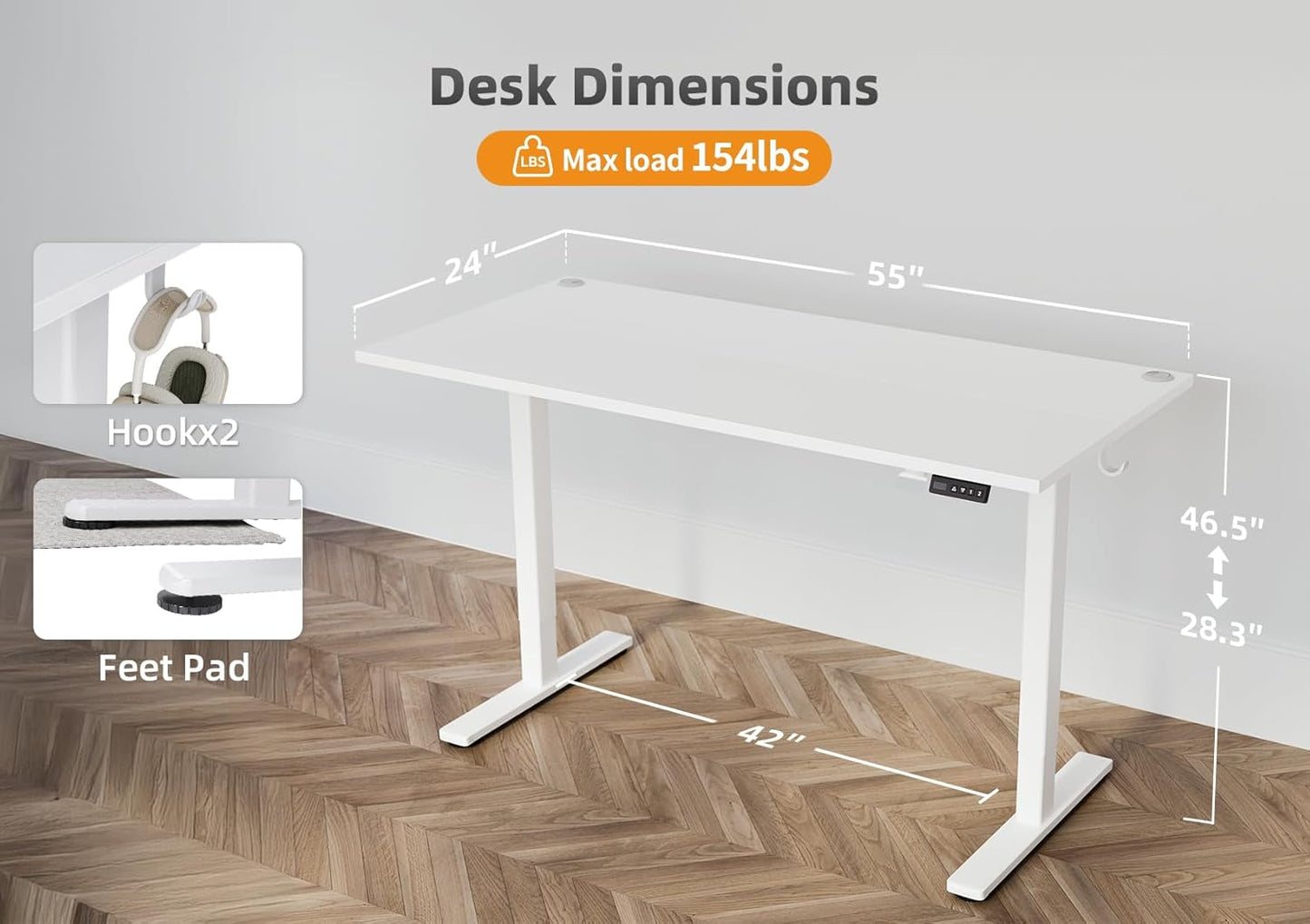 Seang Standing Desk with Adjustable Height, Electric Stand Up Desk 55x24 Inch for Home Office, Studio, Computer Workstation, White