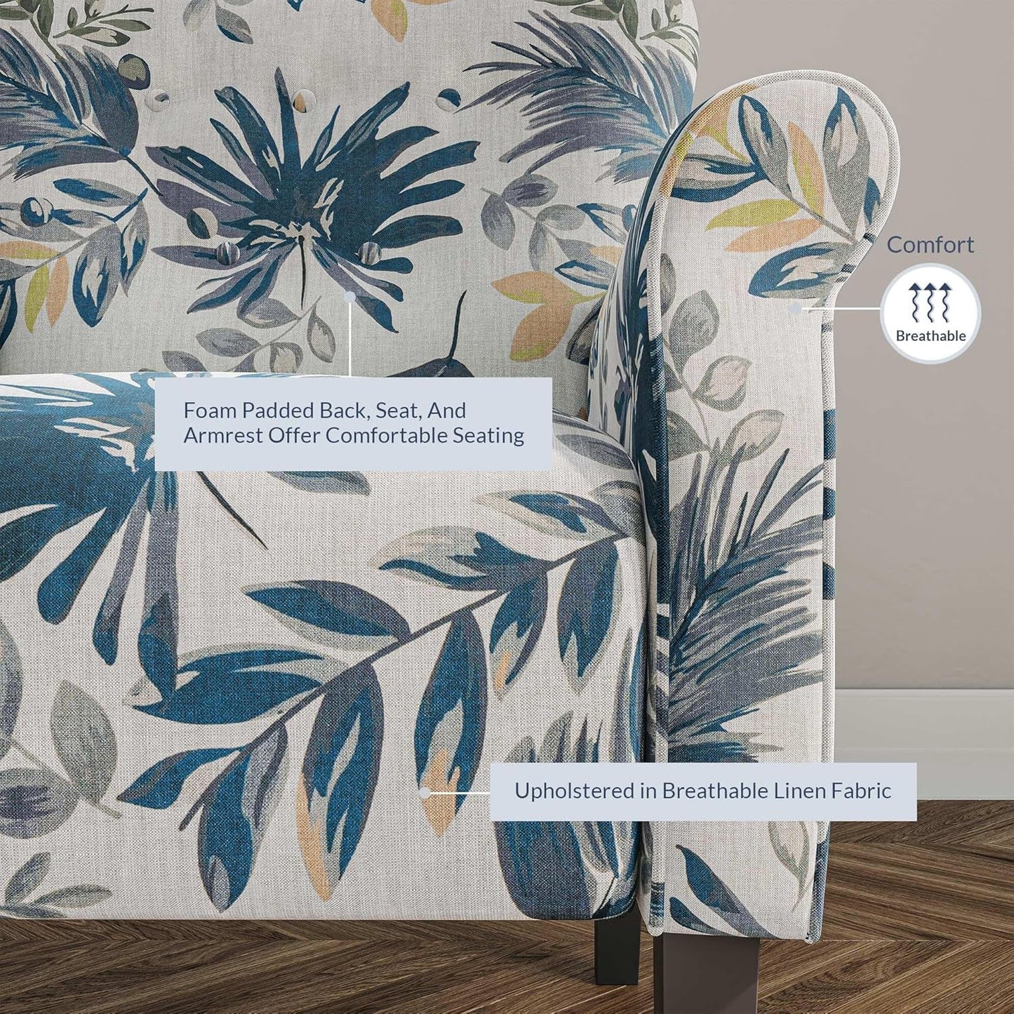 Modern Accent Chair, High Back Armchair, Upholstered Wingback Side Chair, Padded Single Sofa with Wooden Legs for Living Room, Bedroom - Green Blue Floral