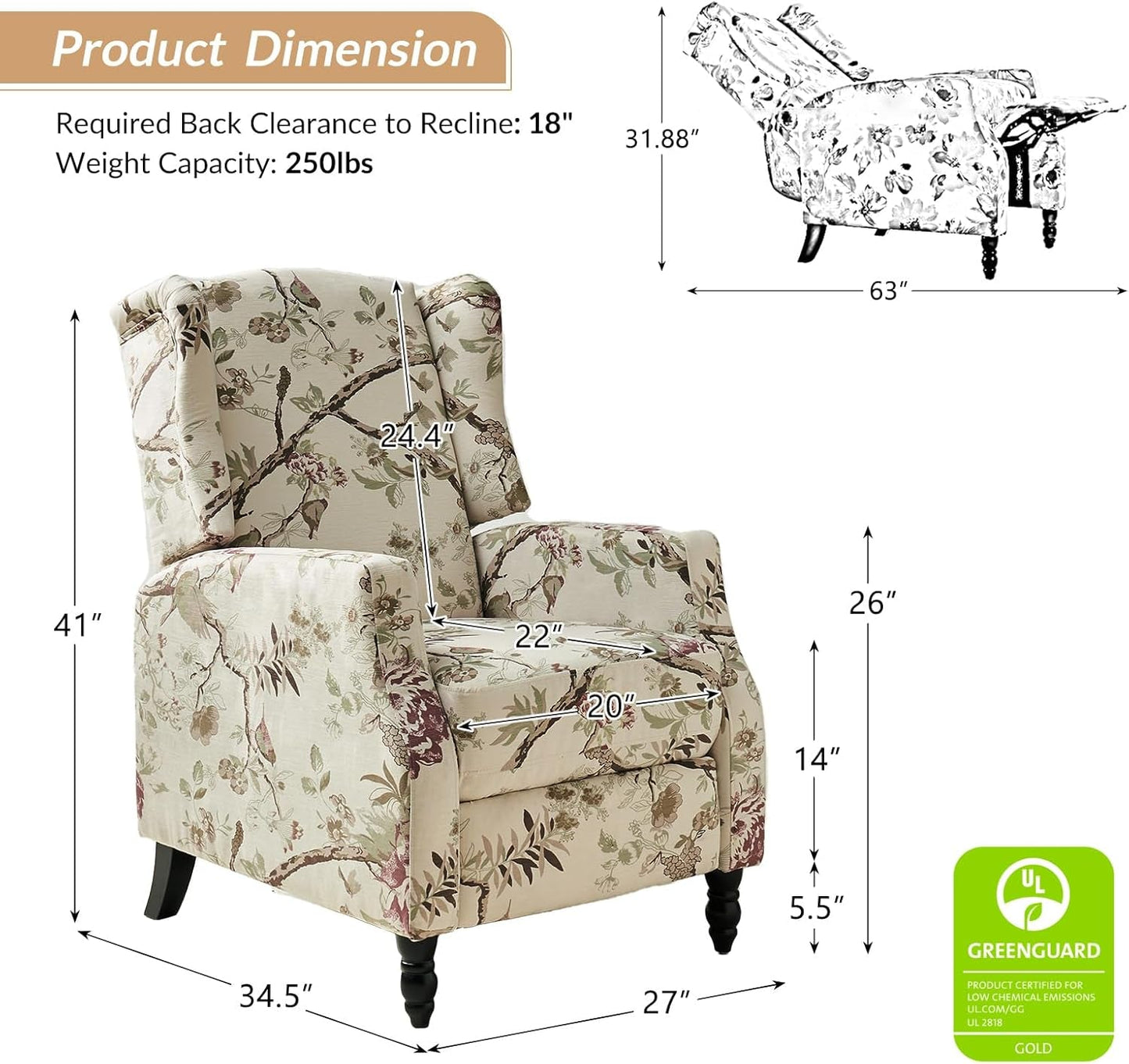 Wingback Recliner Chair, Traditional Push Back Recliner Single Sofa Chair with Solid Wood Legs, Modern Lounge Armchair for Living Room, Comfy Upholstered Accent Reclining, Bird