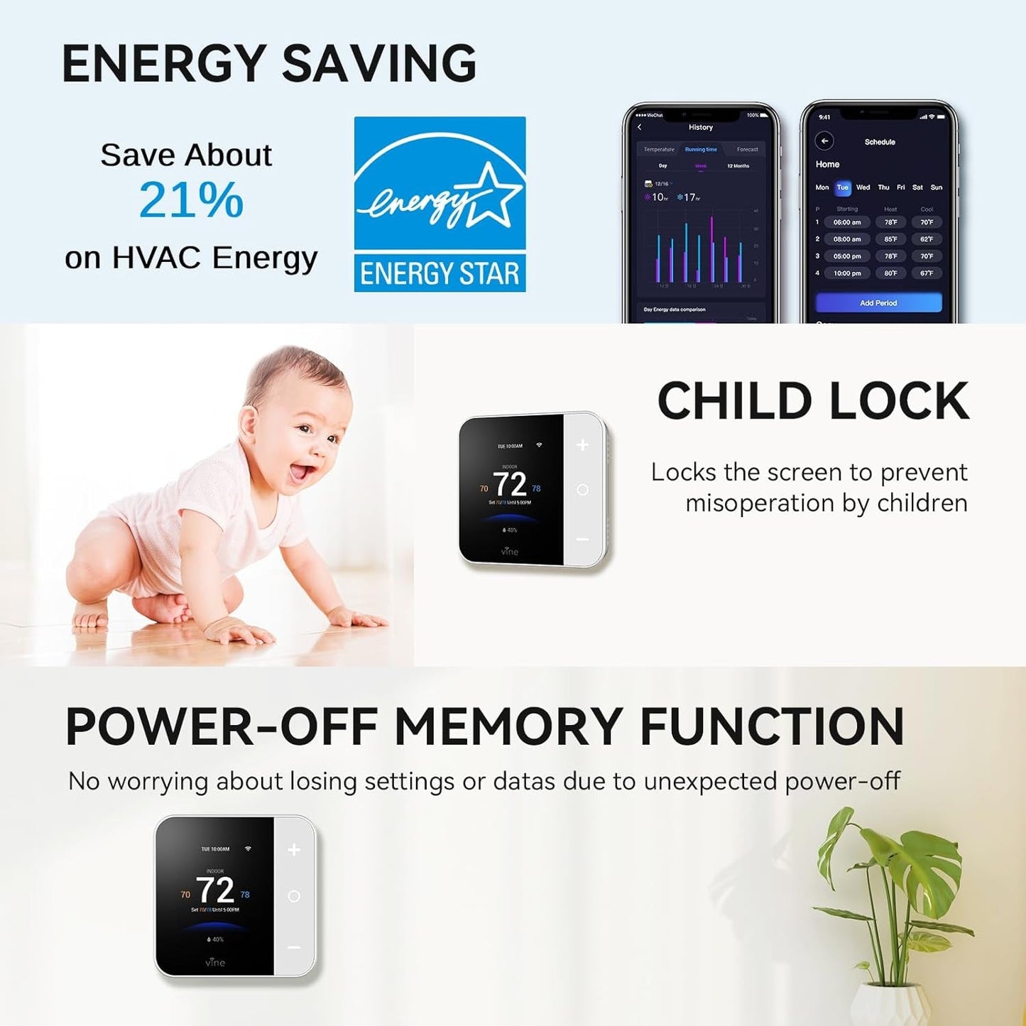 Thermostat for Home with Touchscreen Color Display, Wifi Smart Thermostat Compatible with Alexa and Google Assistant, 7Day/8Period Programmable, Energy Saving, C-Wire Required, Screen Size 2.8"