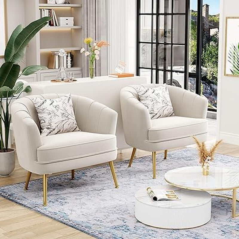 Velvet Accent Chair Set of 2, Upholstered Modern Single Sofa Side Chair,Comfy Barrel Club Living Room Armchair with Golden Metal Legs for Bedroom Living Reading Room Office, Beige