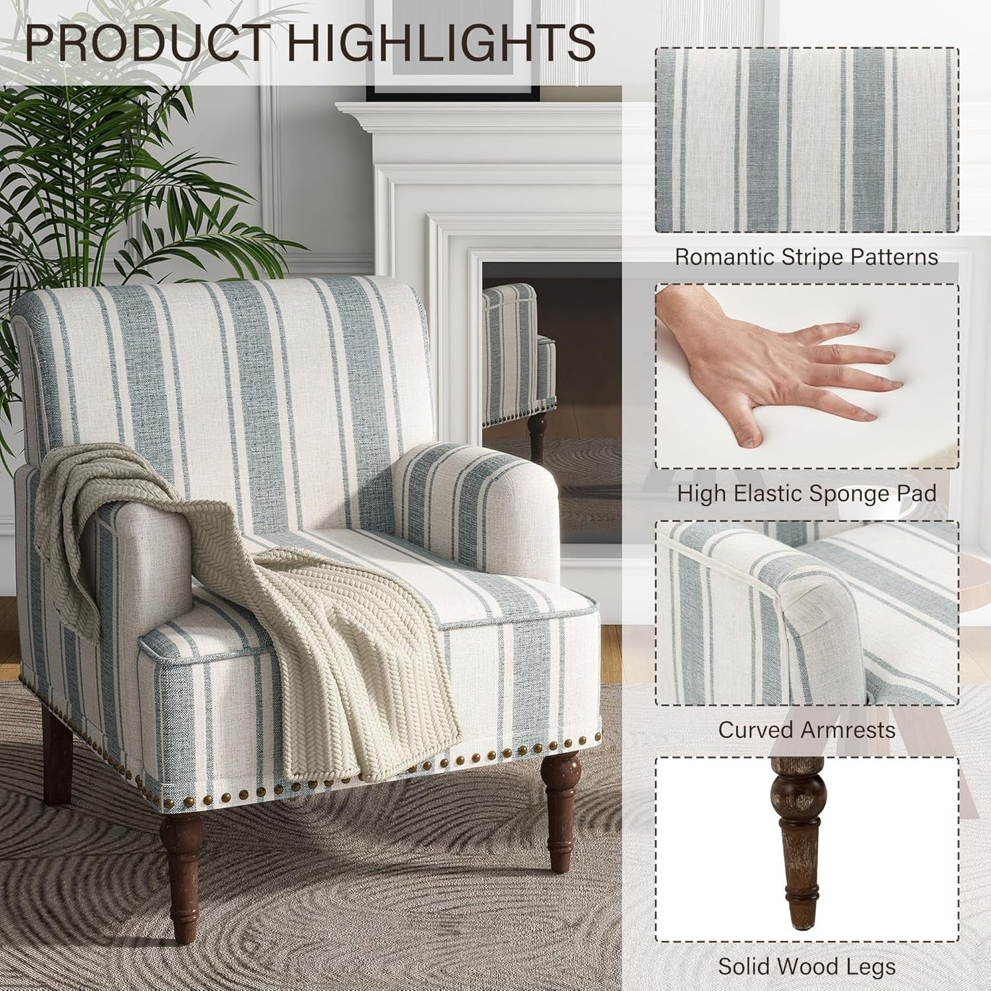 Stripe Accent Chair, Living Room Arm Chairs Modern Nailhead Trim Club Armchair with Wood Legs, Comfy Upholstered Sofa Lounge Seat Reading Seat Bedroom Side Seating for Home Office, Blue