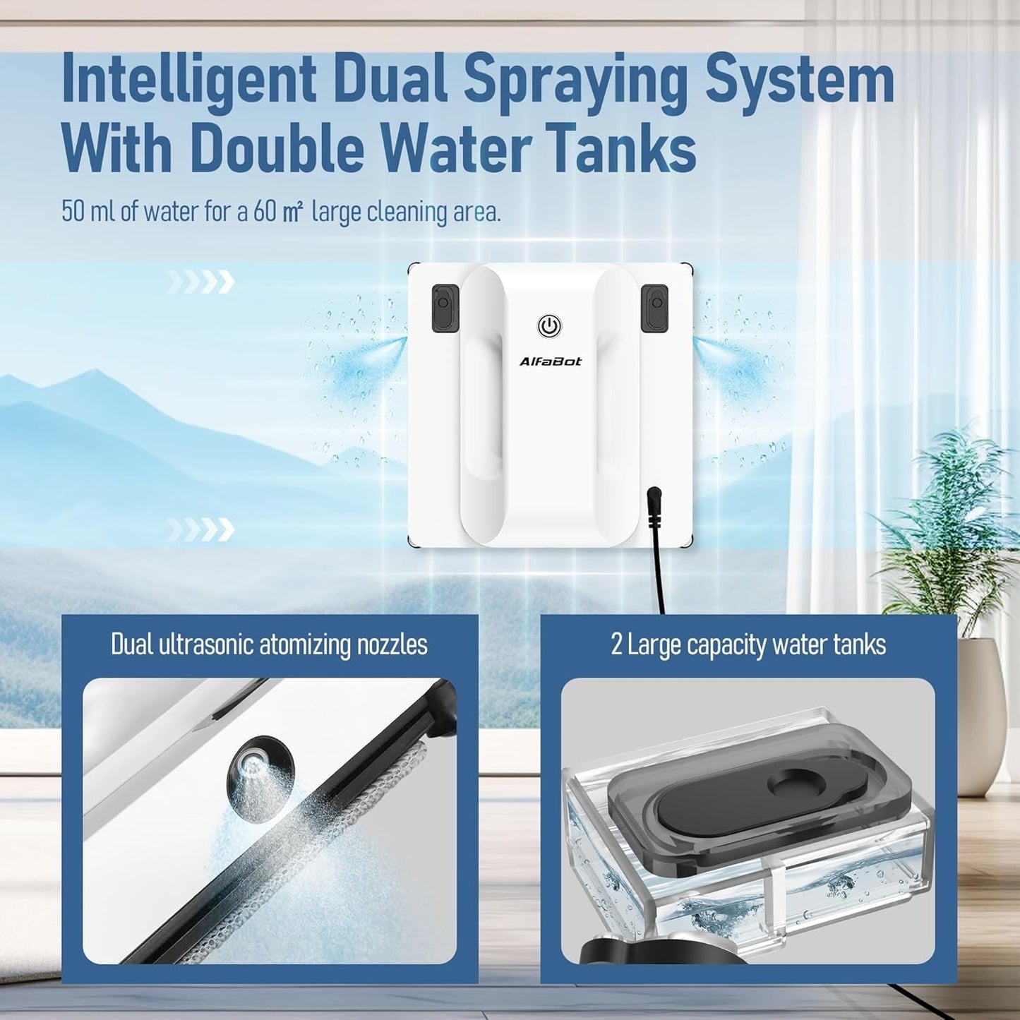 Window Cleaning Robot, Dual Nozzles with Ultrasonic Spray, 5000Pa Window Cleaner Robot with Edge Detection, 3 Intelligent Path Planning, Anti-Slipping System